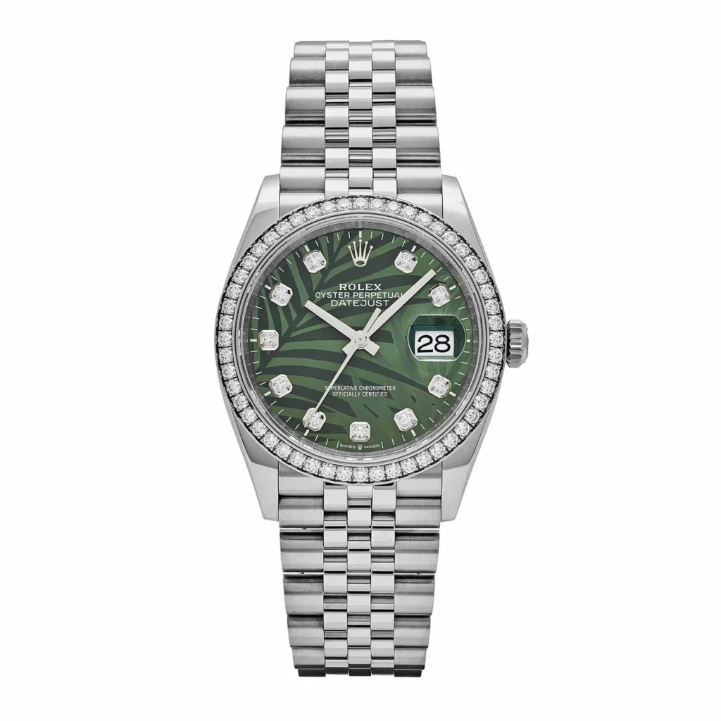 Rolex Datejust 126284RBR Stainless Steel Green Palm Frond Diamond Dial Diamond Bezel